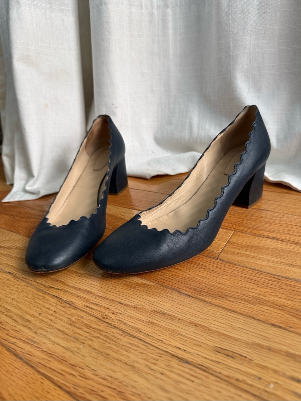 Chloe Lauren signature leather Navy Scallop Block Heel Pumps - Women's